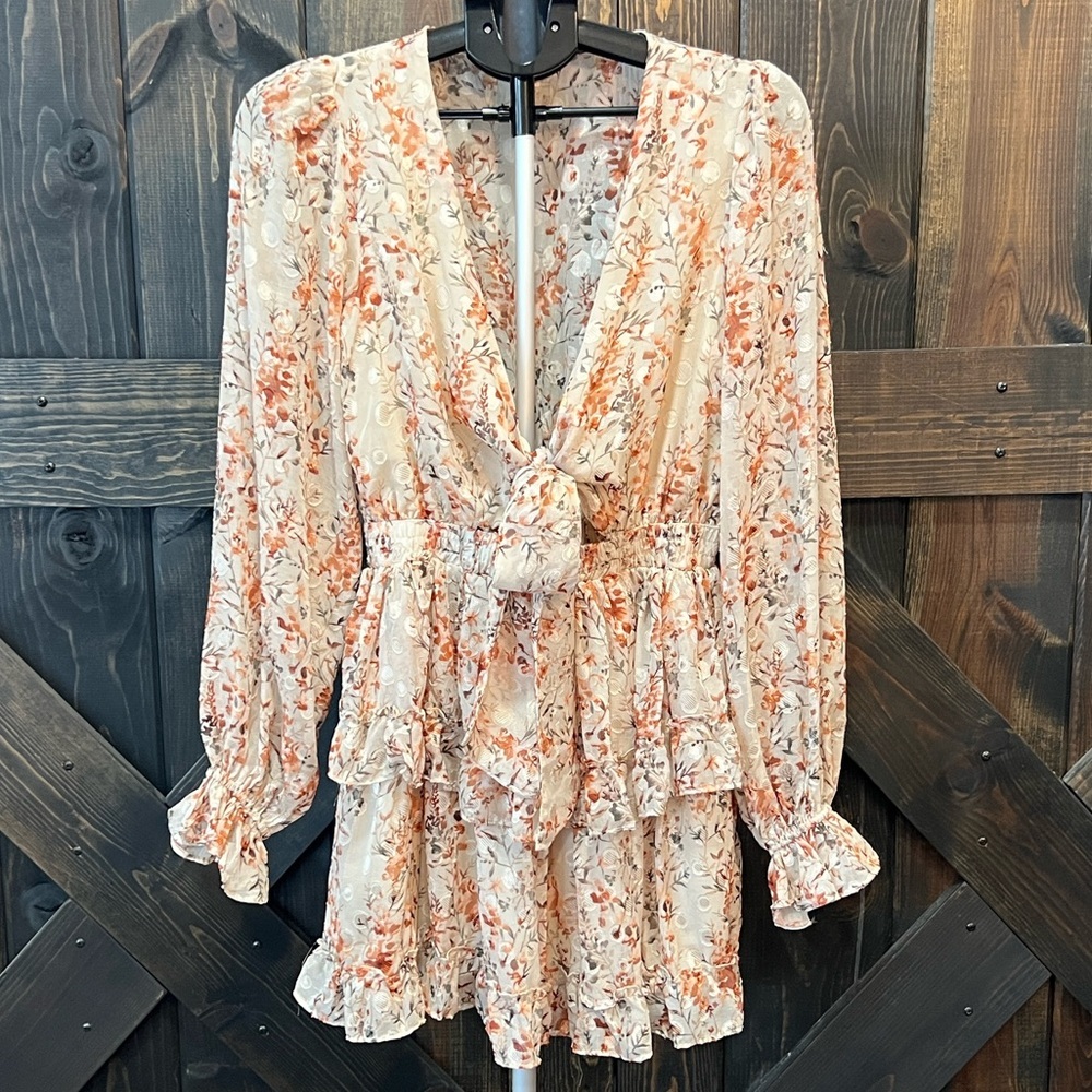 Luxxel Floral Boho Ruffle Dress S Balloon Sleeve Chiffon Cottagecore Tie Cut Out